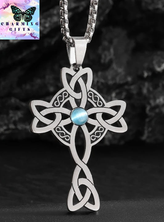 Stainless Steel Celtic Knot Cross Power Stone Pendant Necklace for Women Men Irish Witch Knot Lucky Jewelry Gift