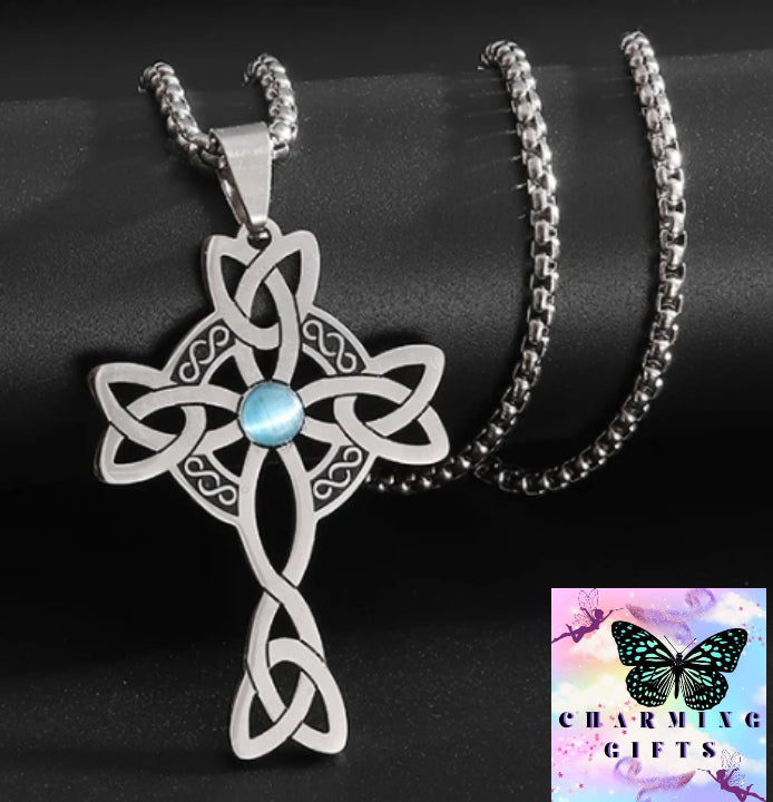 Stainless Steel Celtic Knot Cross Power Stone Pendant Necklace for Women Men Irish Witch Knot Lucky Jewelry Gift