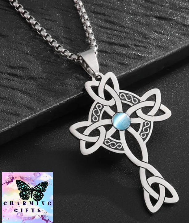 Stainless Steel Celtic Knot Cross Power Stone Pendant Necklace for Women Men Irish Witch Knot Lucky Jewelry Gift