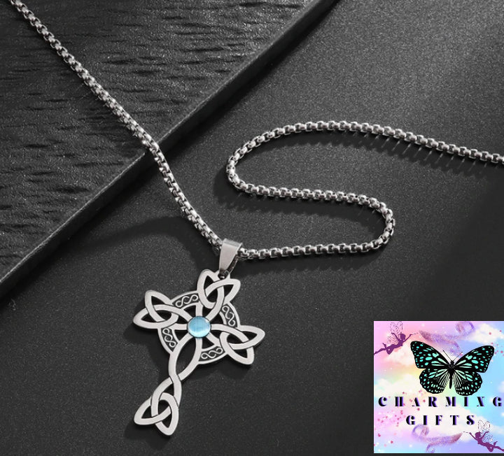 Stainless Steel Celtic Knot Cross Power Stone Pendant Necklace for Women Men Irish Witch Knot Lucky Jewelry Gift