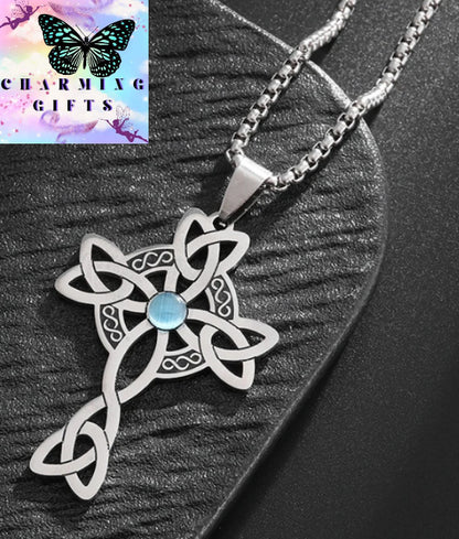 Stainless Steel Celtic Knot Cross Power Stone Pendant Necklace for Women Men Irish Witch Knot Lucky Jewelry Gift