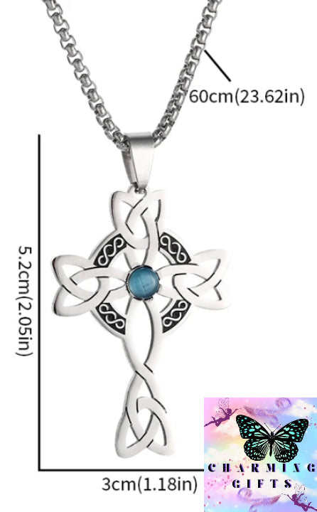 Stainless Steel Celtic Knot Cross Power Stone Pendant Necklace for Women Men Irish Witch Knot Lucky Jewelry Gift