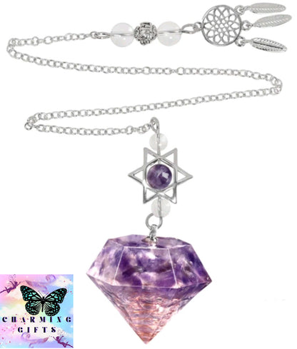 Natural Amethyst Pendant Reiki Chip Minerals Pendulum With Star Of David Dreamcatcher For Divination Biolocation Meditation Tool