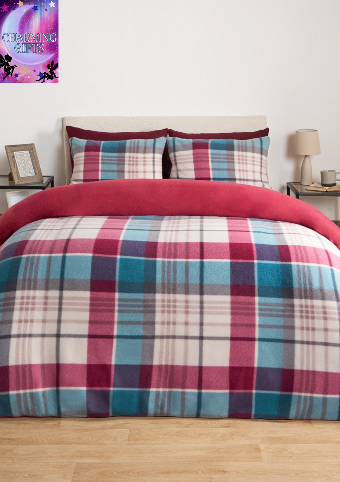 jasper Check Fleece Duvet Set - Burgundy/Blue -DOUBLE