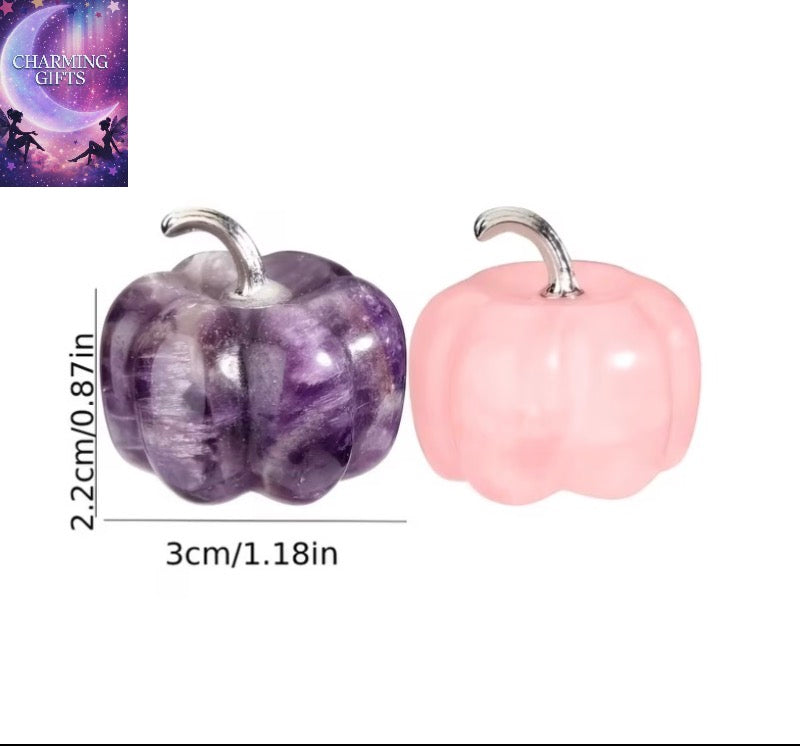2pcs Cute Natural Crystal Pumpkin Statue Decorative Items, Purple amethyst  Crystal And Rose Quartz Pocket Crystal Guardians, Spiritual Small Items for Jewelry, Suitable for Home Decoration, Vegetable Lovers, Gardens, Perfect Birthday And Halloween Gifts