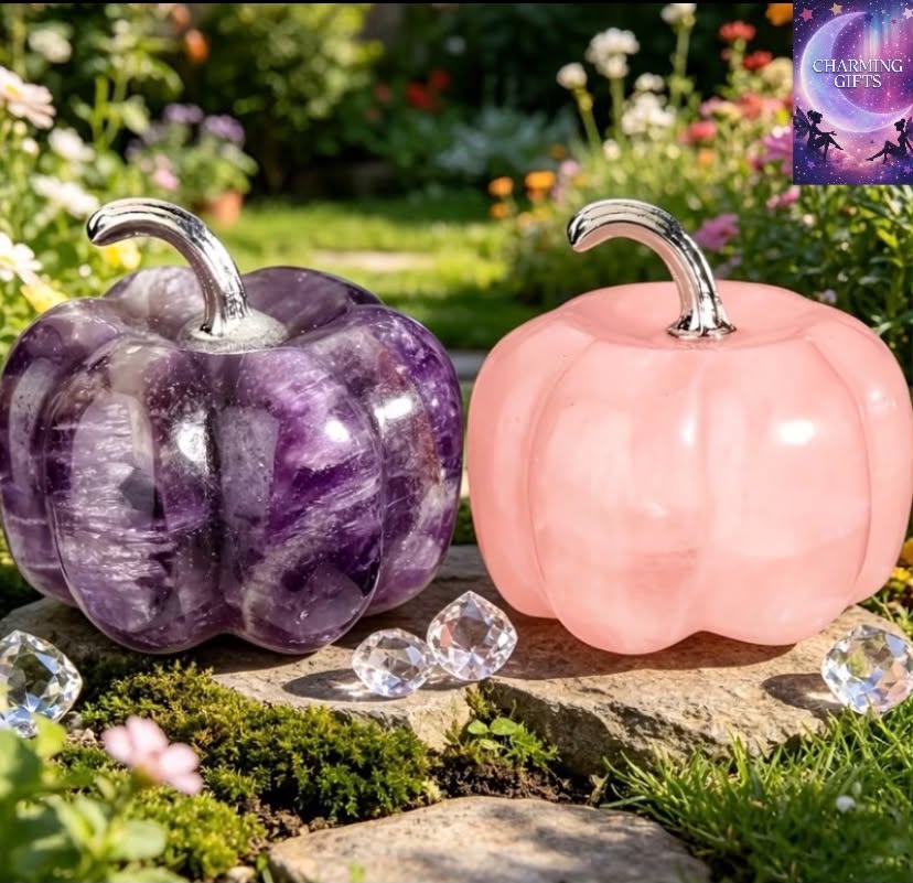 2pcs Cute Natural Crystal Pumpkin Statue Decorative Items, Purple amethyst  Crystal And Rose Quartz Pocket Crystal Guardians, Spiritual Small Items for Jewelry, Suitable for Home Decoration, Vegetable Lovers, Gardens, Perfect Birthday And Halloween Gifts
