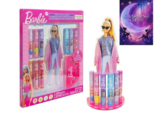 Barbie 11 Pc Lip Gloss Set Plant Based, Moisturizing Acrylic Stand