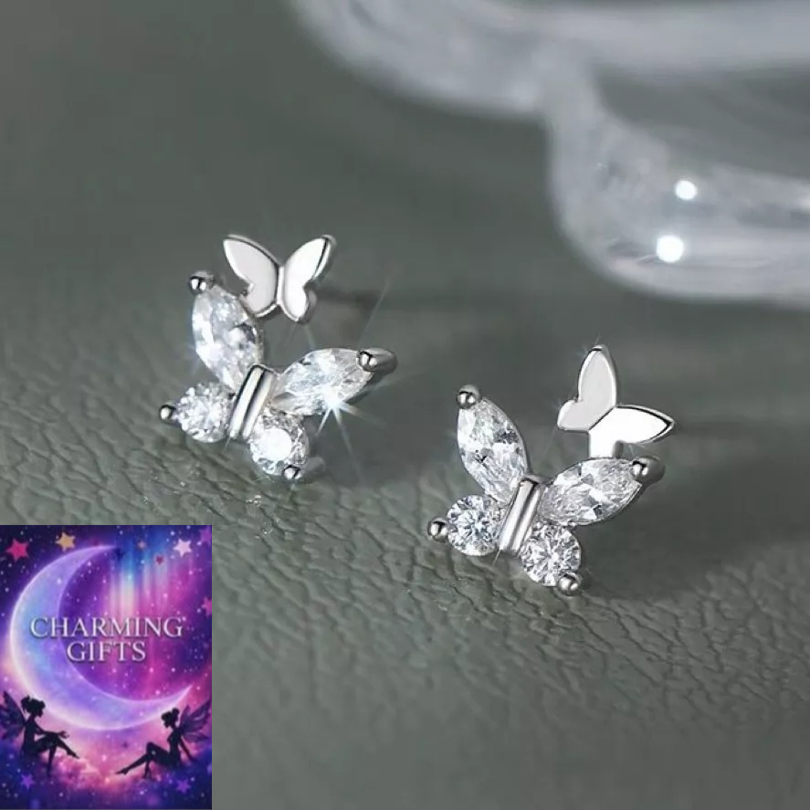925 Sterling Silver Crystal Butterfly Stud Earrings