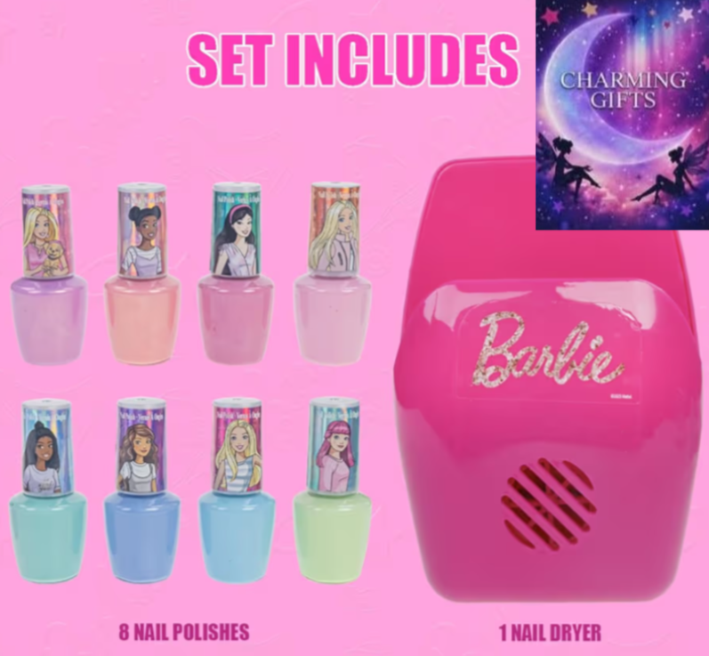 Barbie 8 pcs Non Toxic Nail Polish Set for Kids with Nail Dryer