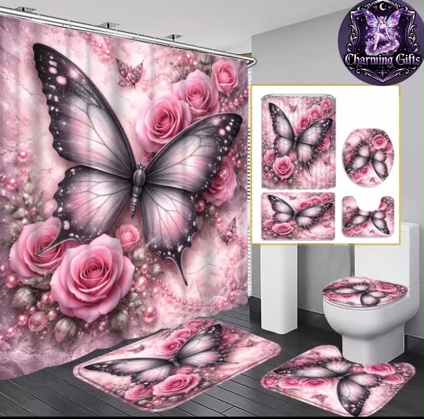 🦋 4-Piece Butterfly & Rose Bathroom Set 🩷