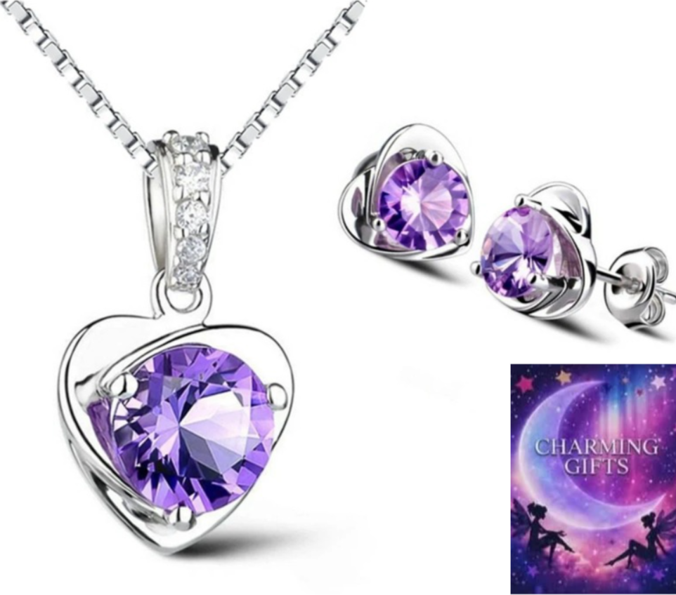 Crystal Heart Pendant 925 Sterling Silver Necklace Stud Earrings set