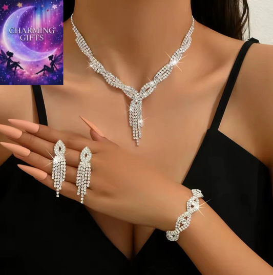 4pcs Silver White Necklace Earrings Bracelet Set