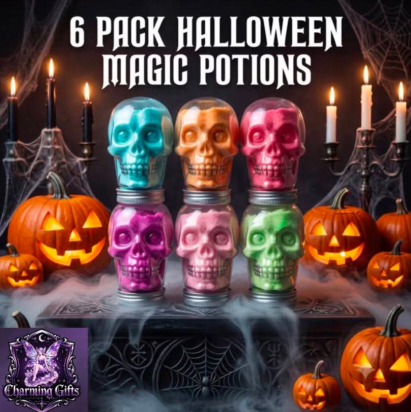 6pcs Random Scent] Halloween Foaming Bath Salts Powder Set Bubble Bath Set - Skull Magic Potion Bath Kit with Rich Bubbles, Spooky Halloween Gift Set for Famil, Fizzy Bubble Bath Powder Jars with Lavender Lemon Rose Ocean Eucalyptus Watermelon
