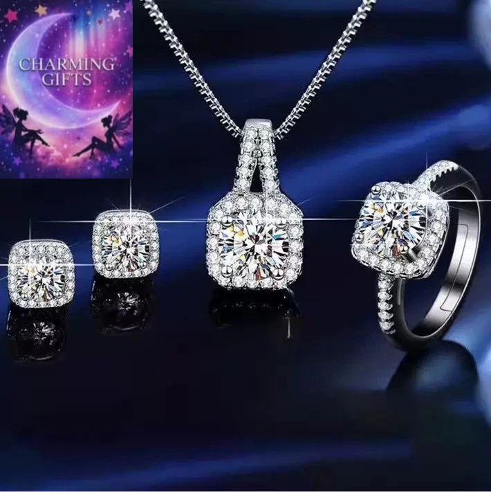 925 Sterling Silver Crystal Square Pendant set