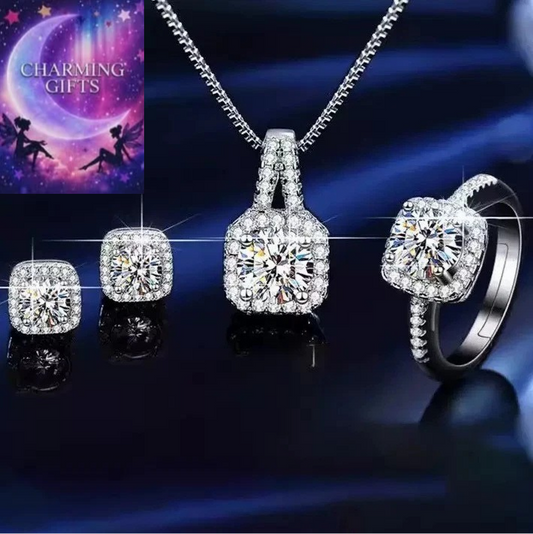 925 Sterling Silver Crystal Square Pendant set